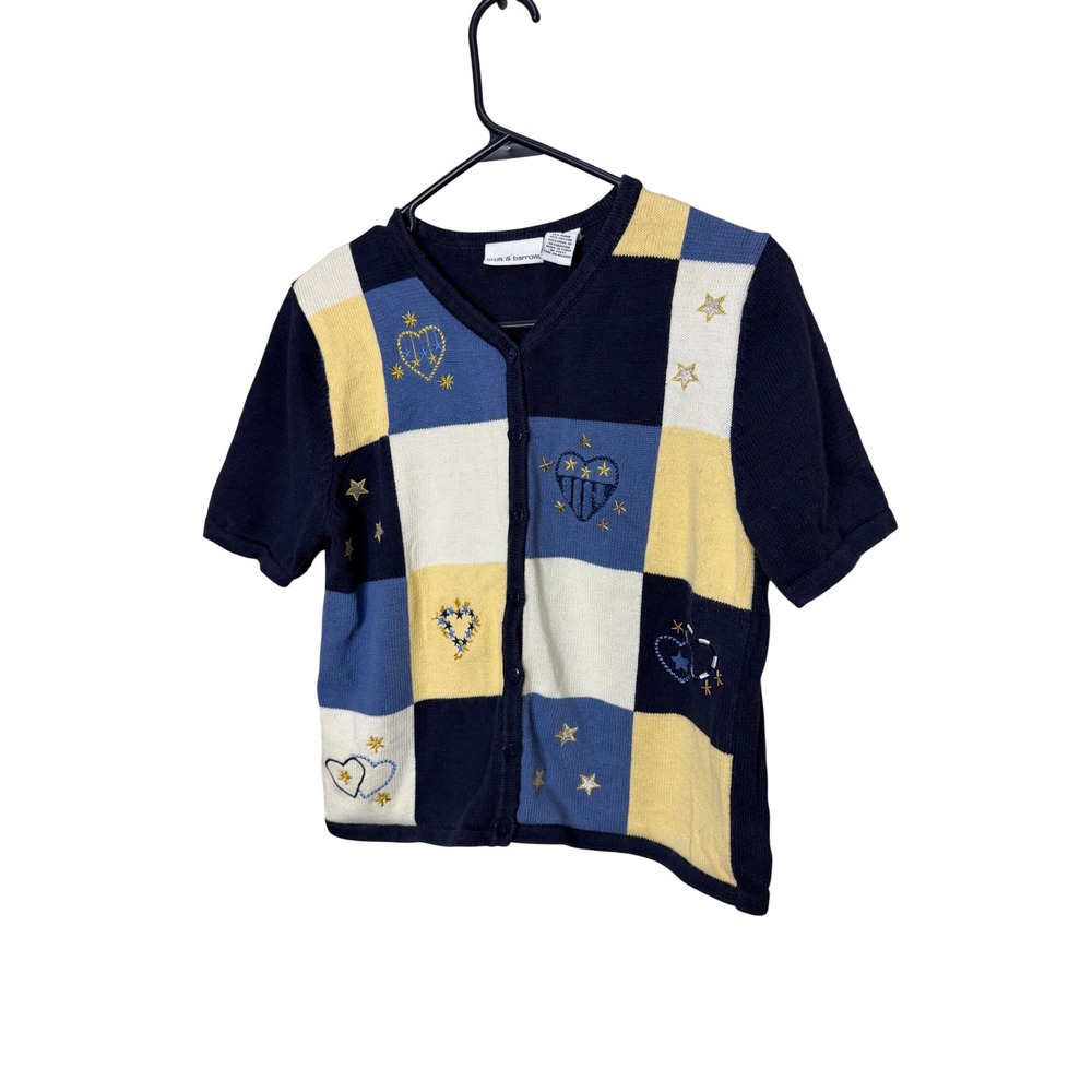 Croft & Barrow Womens Blue Yellow Patchwork Heart Star Embroidered Cardigan S